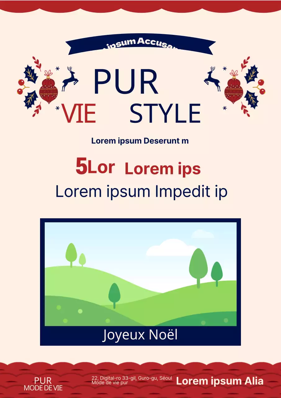 Promouvoir un événement anniversaire avec une illustration de décorations de Noël ivoire et rouge.