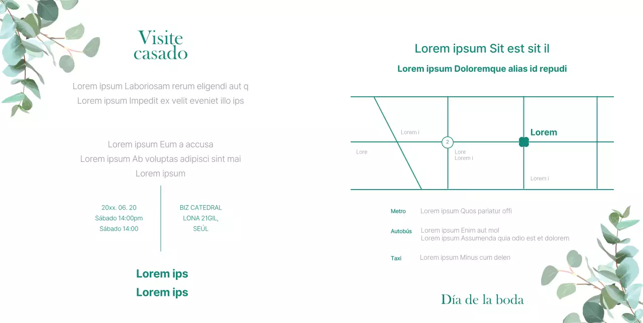 Una invitación de boda limpia con un toque de vegetación y ramos de flores