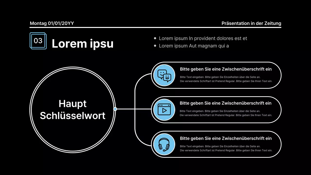 Aufmerksamkeitsstarke Präsentation mit fetten Linien in einem Zeitungskonzept auf schwarzem Hintergrund