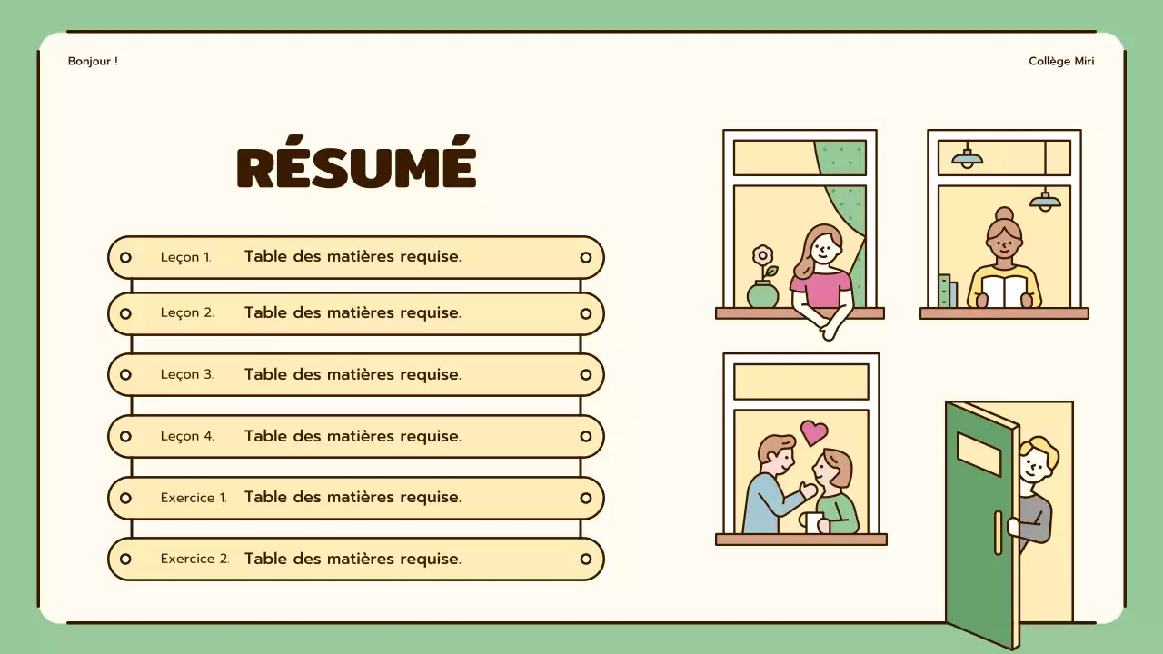 Cours d'anglais mettant en valeur des illustrations mignonnes dans les tons beige et vert