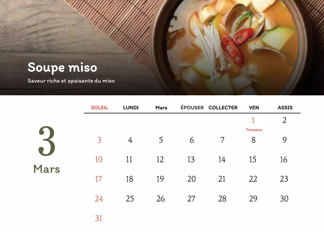 Calendrier des coupons de restaurants coréens traditionnels en beige et marron