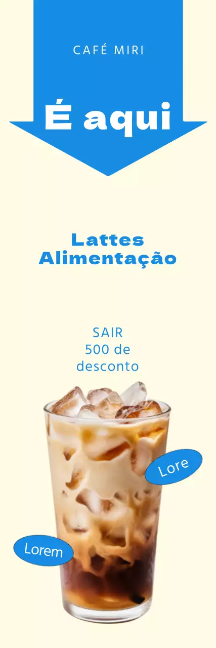 Uma promoção simples de um café, realçada por uma seta com uma cor de destaque azul claro