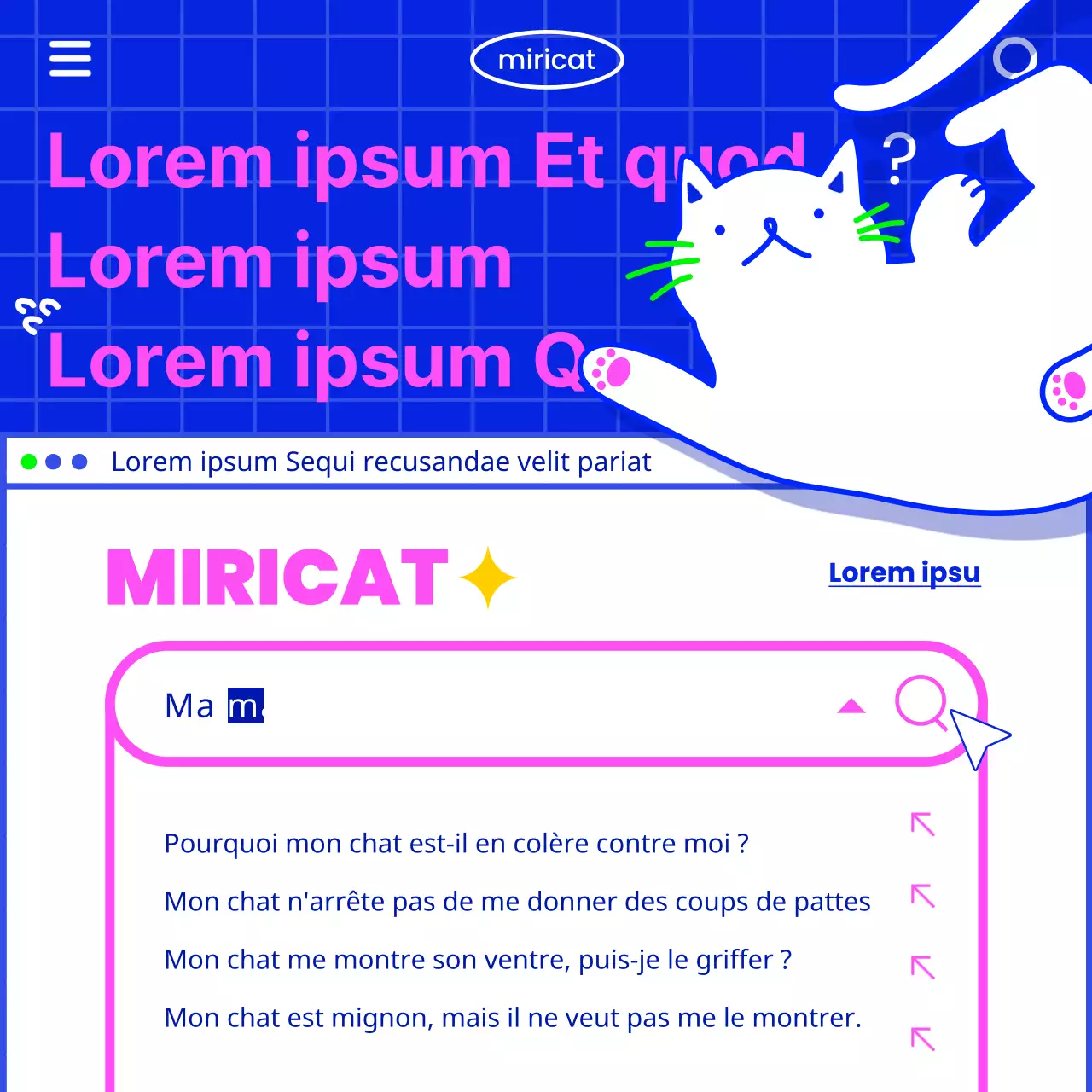 Communiquer des informations sur les chats dans un esprit rétro avec une illustration de chat blanc sur fond bleu.