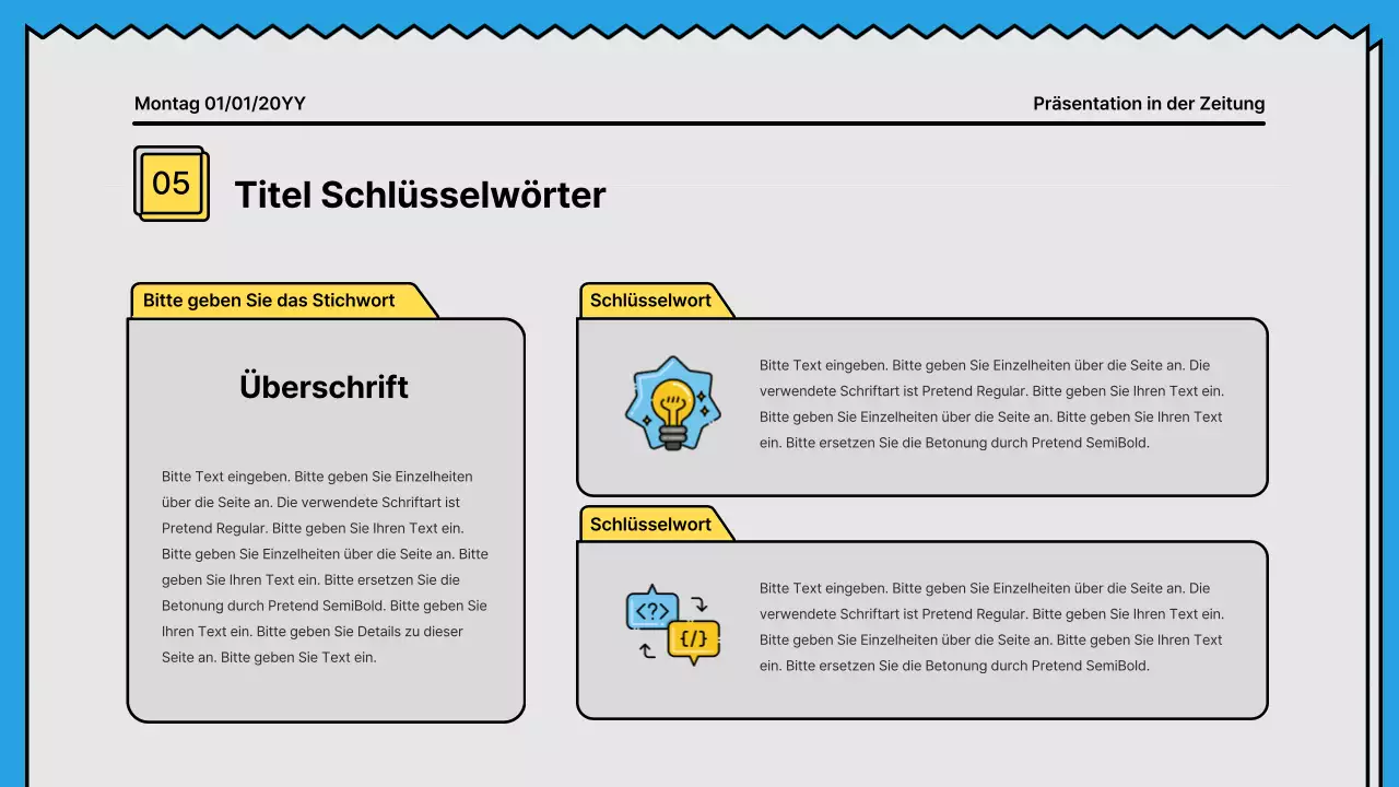 Kräftige Linien und eine aufmerksamkeitsstarke Präsentation in einem Zeitungskonzept mit gelben und hellblauen Akzentfarben