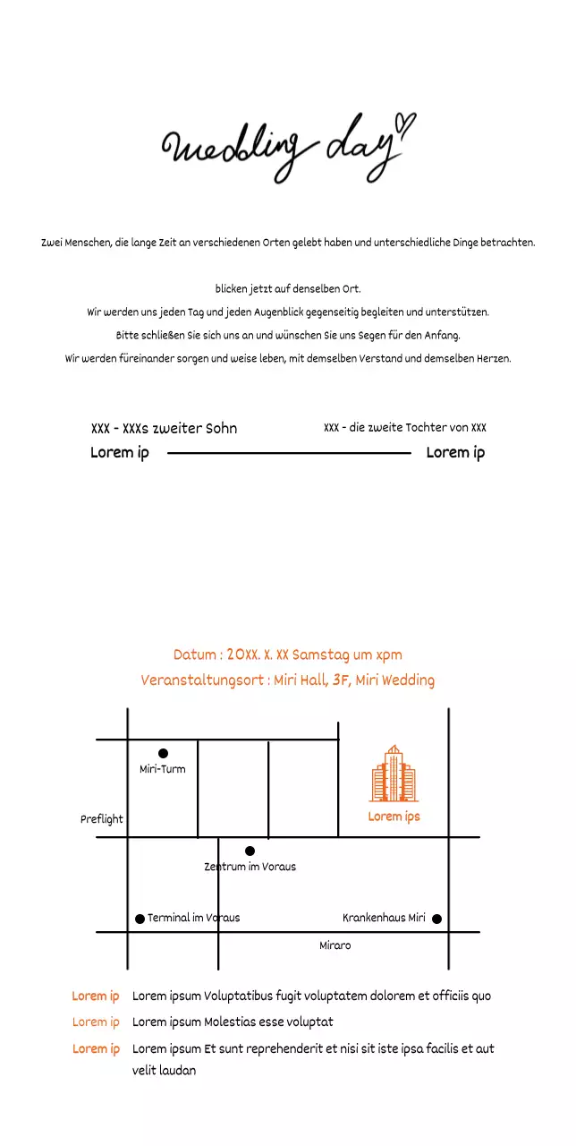 Braut und Bräutigam Hochzeitseinladungen einander gegenüber auf einem hellgelben Hintergrund