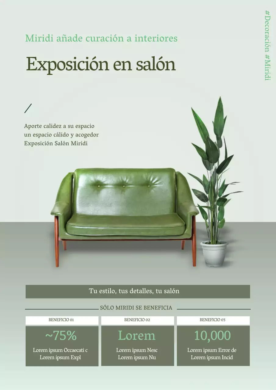 Cartel promocional de un evento con interior de mobiliario verde