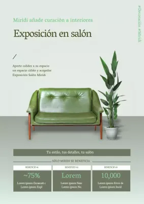 Cartel promocional de un evento con interior de mobiliario verde