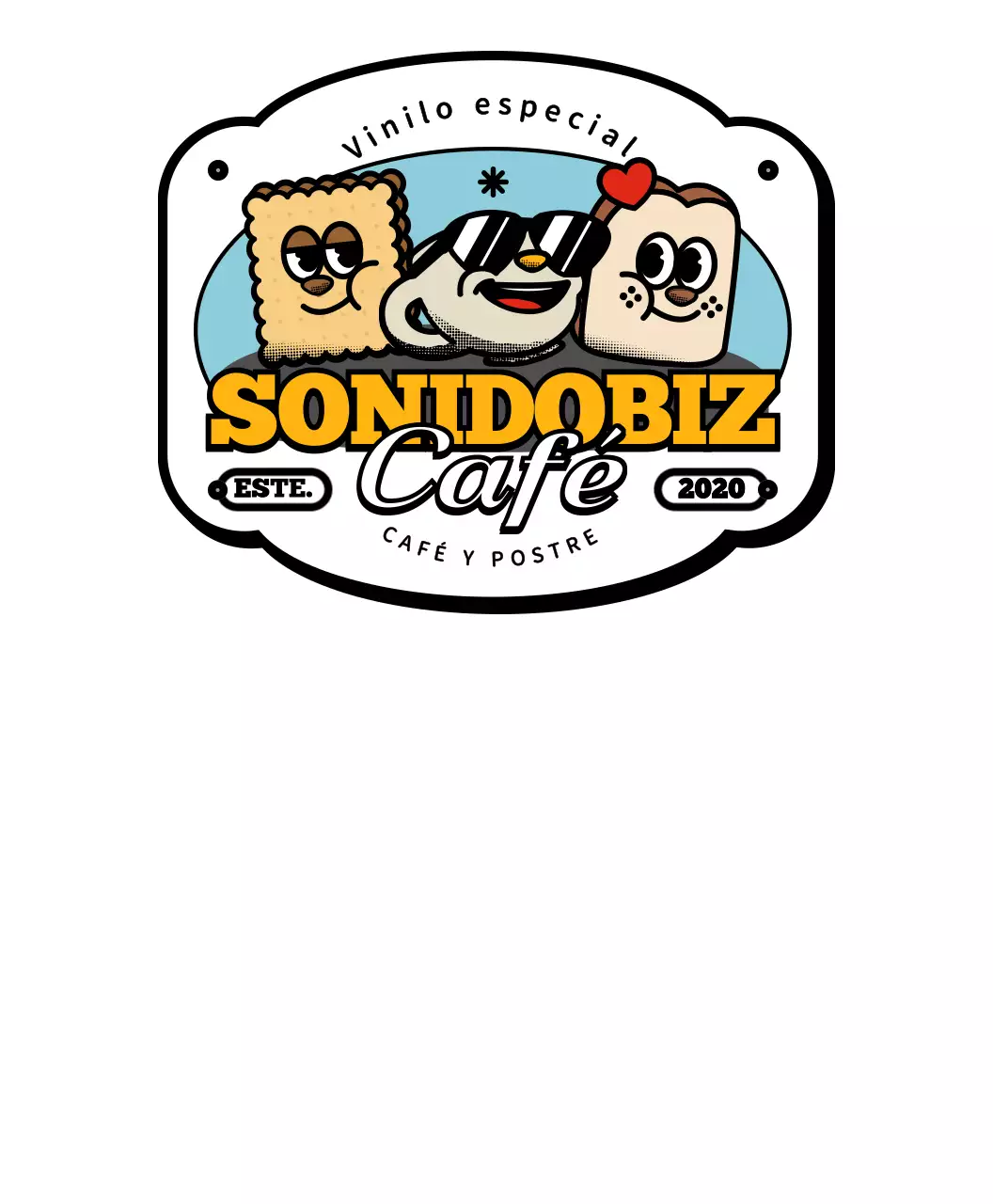 Una serie de simpáticos y modernos artículos de cafetería con logotipos de personajes en amarillo y negro.