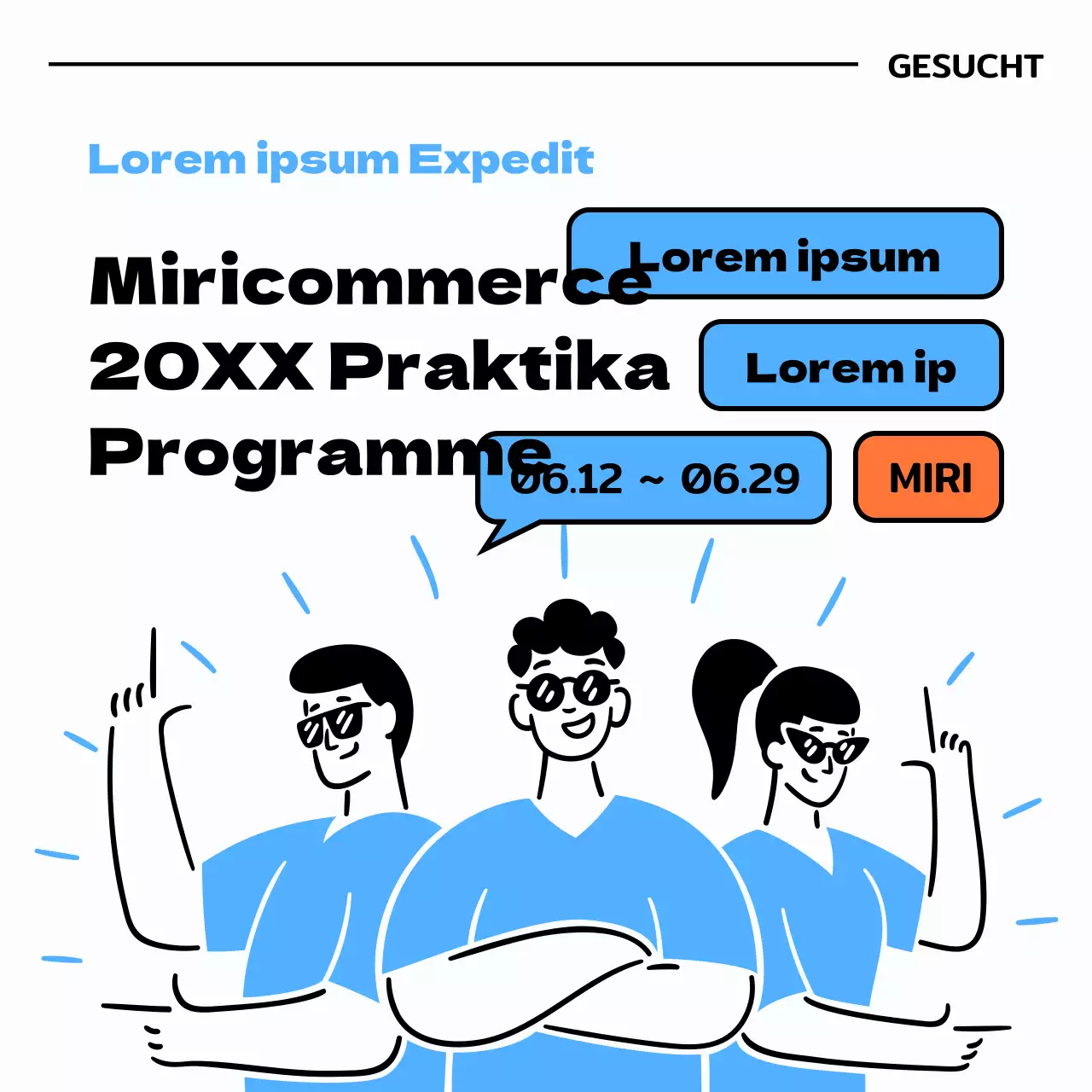 Anwerbung für Praktika mit Illustrationen in Hellblau und Schwarz