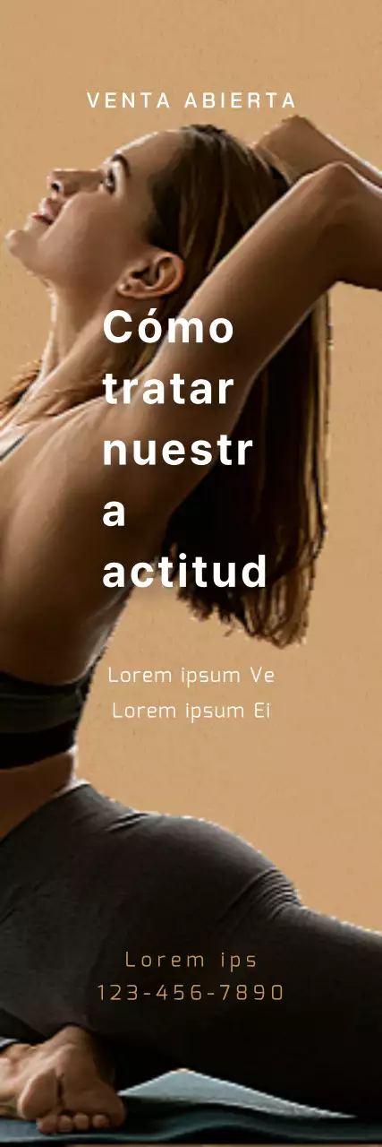 Un evento de clase de Pilates limpio y con mensaje, con una mujer haciendo ejercicio sobre un fondo beige.