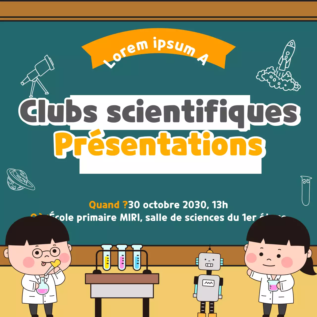 Une présentation du club scientifique de l'école primaire agrémentée d'illustrations mignonnes