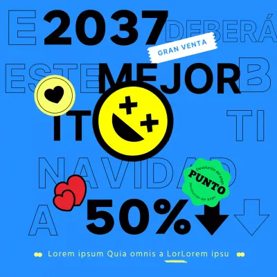 Concepto kitsch con tipografía azul y adhesivos planos y sencillos para una promoción de fin de año del primer semestre