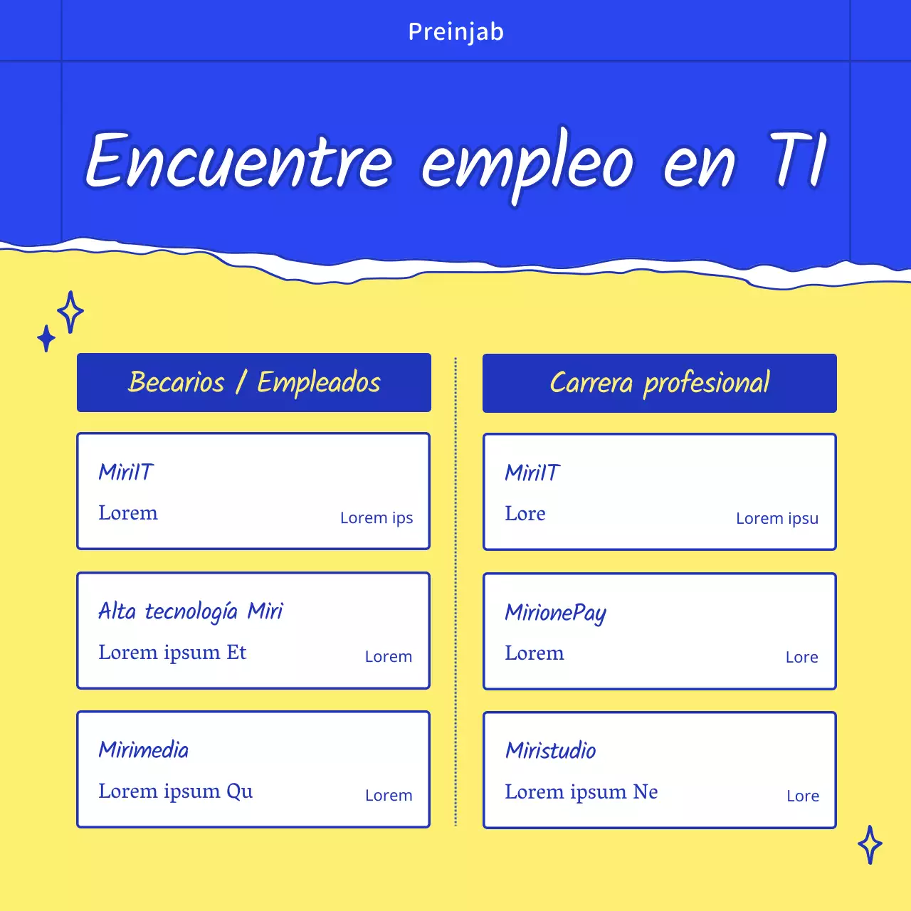 Ofertas de empleo corporativas con ilustraciones elegantes y a la moda en azul y amarillo.