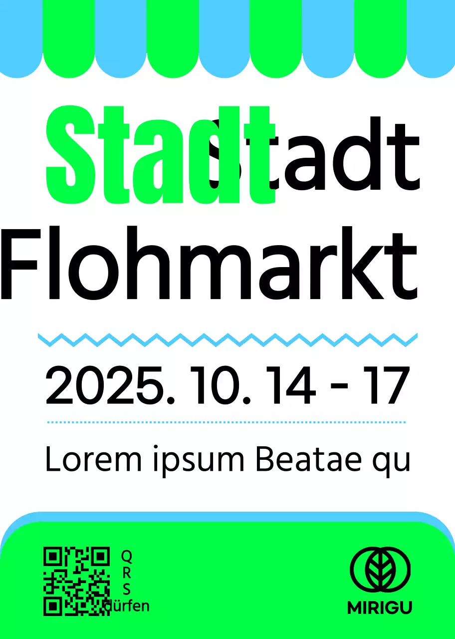 Ein Werbeschild mit einer grünen, himmelschwarzen Flohmarktankündigung und mehreren Abbildungen von Formen.