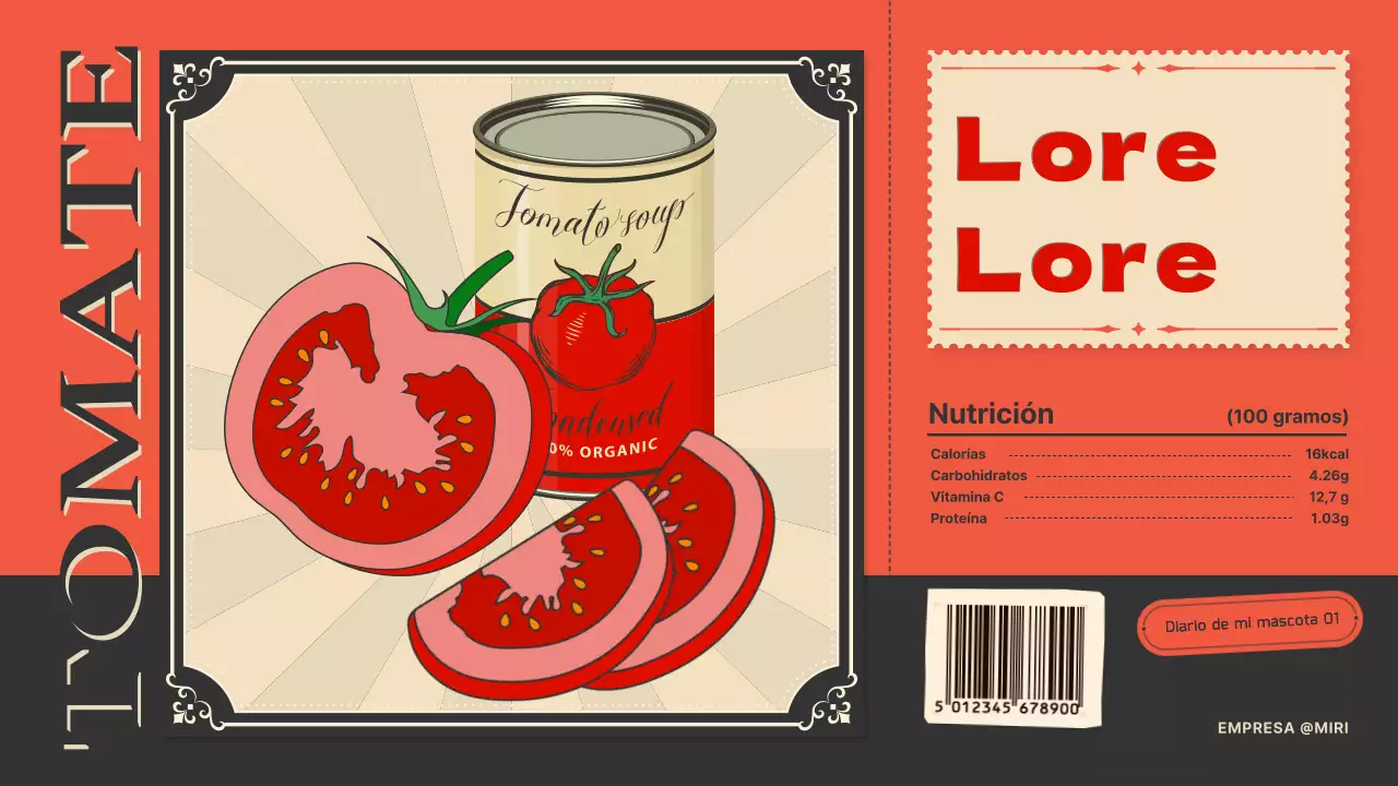 Presentación de tomates con un concepto de etiqueta vintage en naranja y azul marino