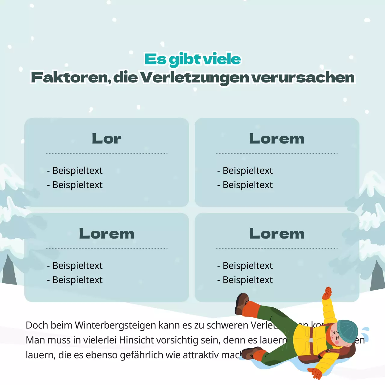 Niedliche Illustrationen in Hellblau und Grün Sicherheitstipps für den Winter in den Bergen