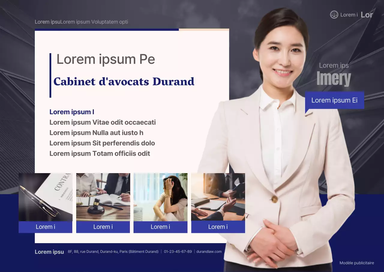 Faites la promotion de votre cabinet d'avocats avec un look professionnel en bleu marine et beige.