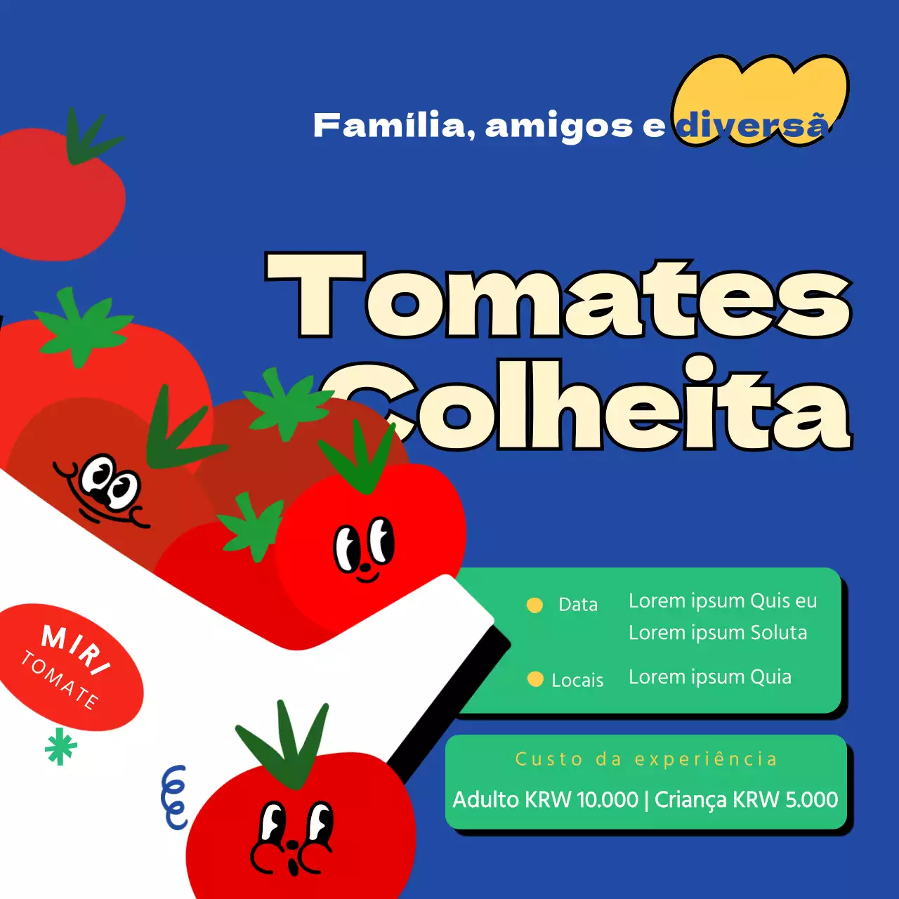 Informações sobre a colheita de tomates vermelhos num fundo azul com ilustrações engraçadas