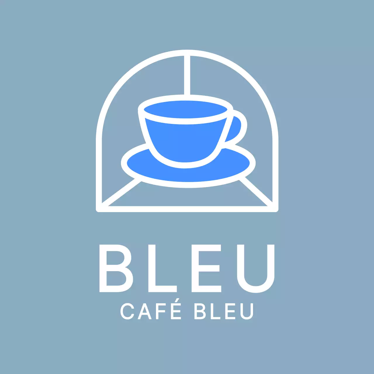 Logo d'un café, tablier avec tasse de café bleue, illustration