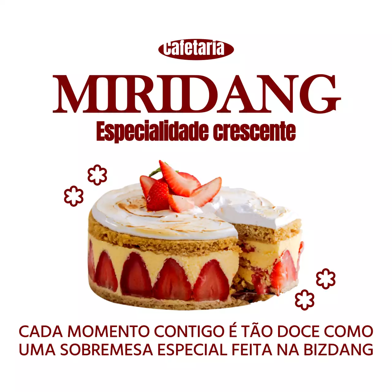 Texto simples e emotivo e fotografias de sobremesas em roxo e branco para promoções de cafés e merchandising.