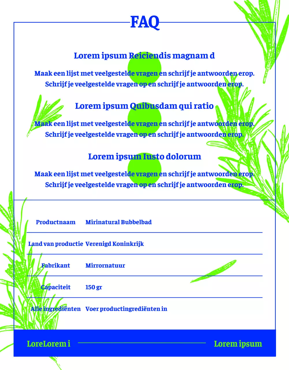 Voornatuurlijk bubbelbad met kruidenlijntekening in neongroen en blauw