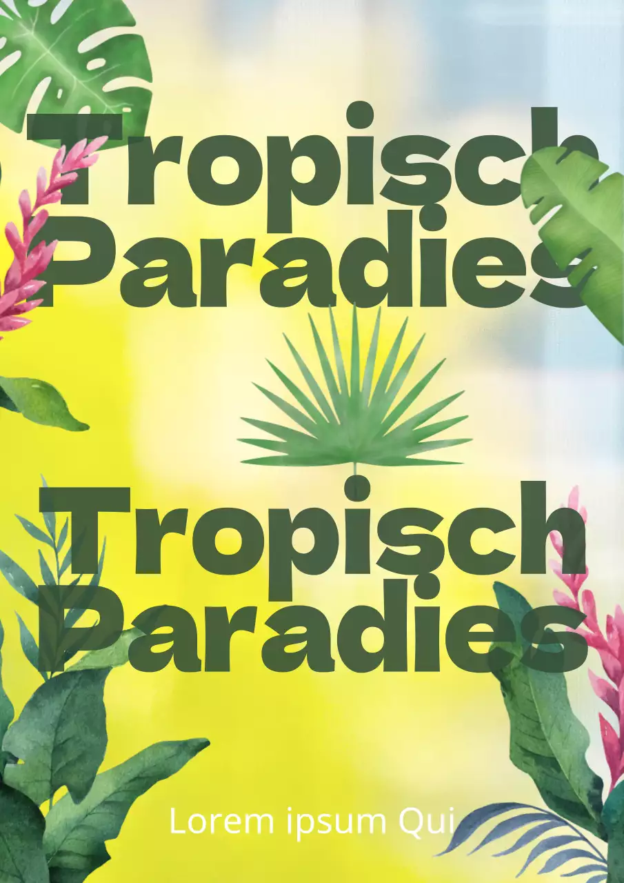 Tropisches Paradies Kunst mit tropischen Pflanzen und Grunge Text auf einem gelben und blauen Hintergrund