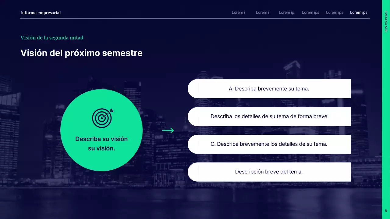 Informe simple de resultados del primer semestre con círculos azul marino y verde