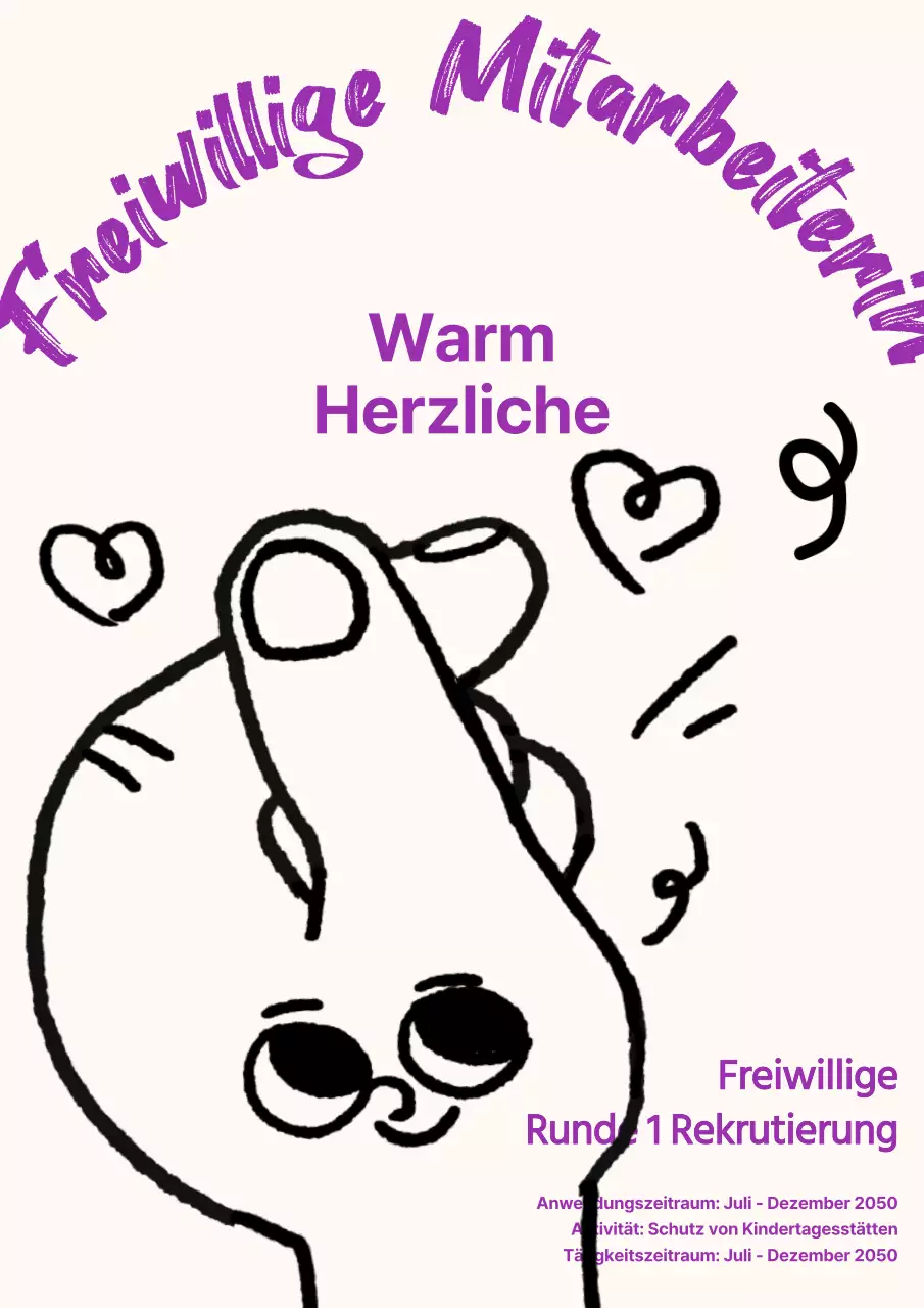 Poster zur Anwerbung von Freiwilligen mit süßen handgezeichneten Herzen