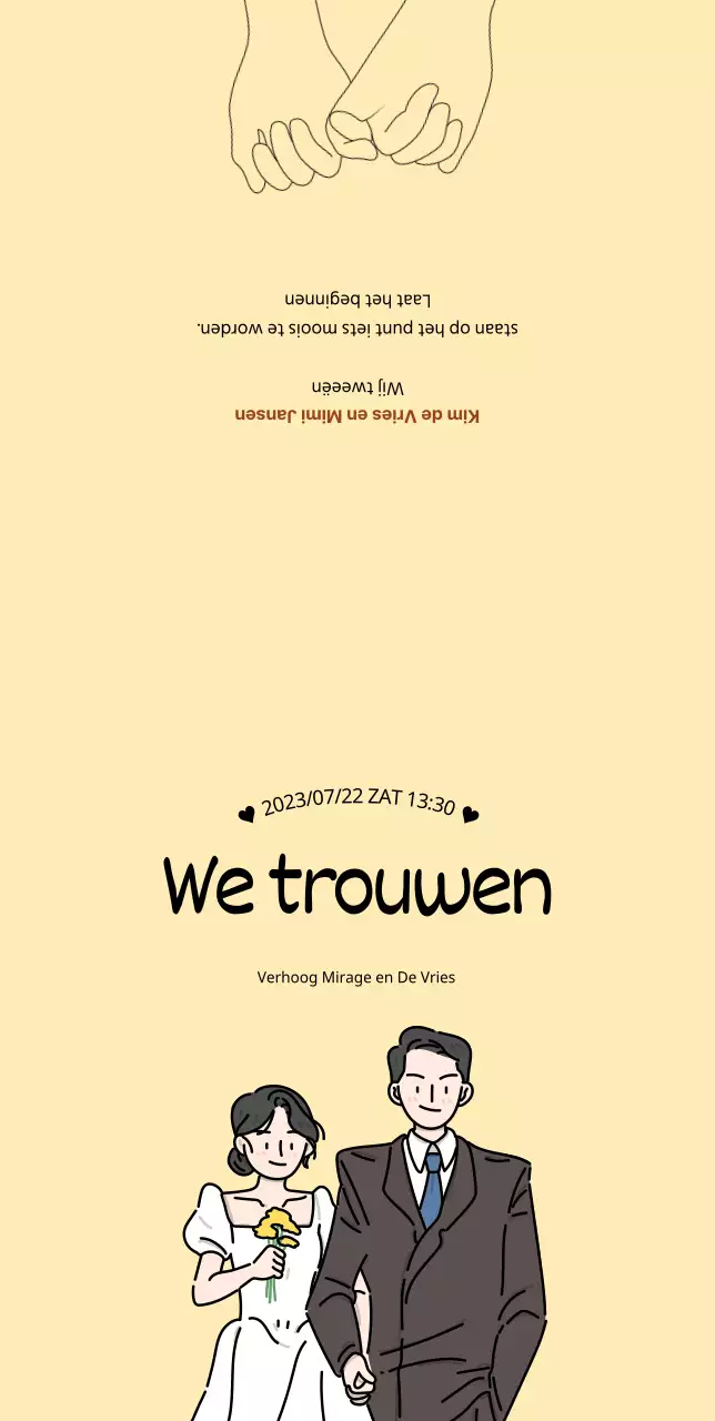 Huwelijksuitnodiging met een schattige bruid en bruidegom op een gele achtergrond