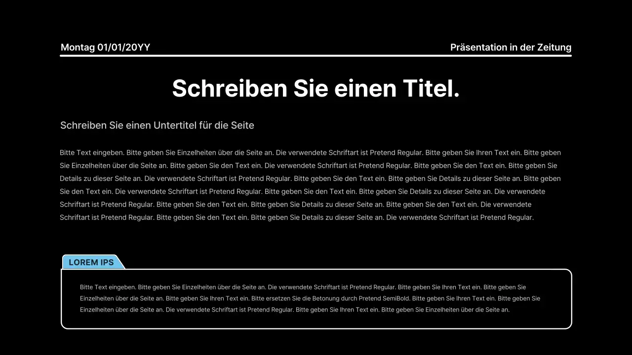 Aufmerksamkeitsstarke Präsentation mit fetten Linien in einem Zeitungskonzept auf schwarzem Hintergrund
