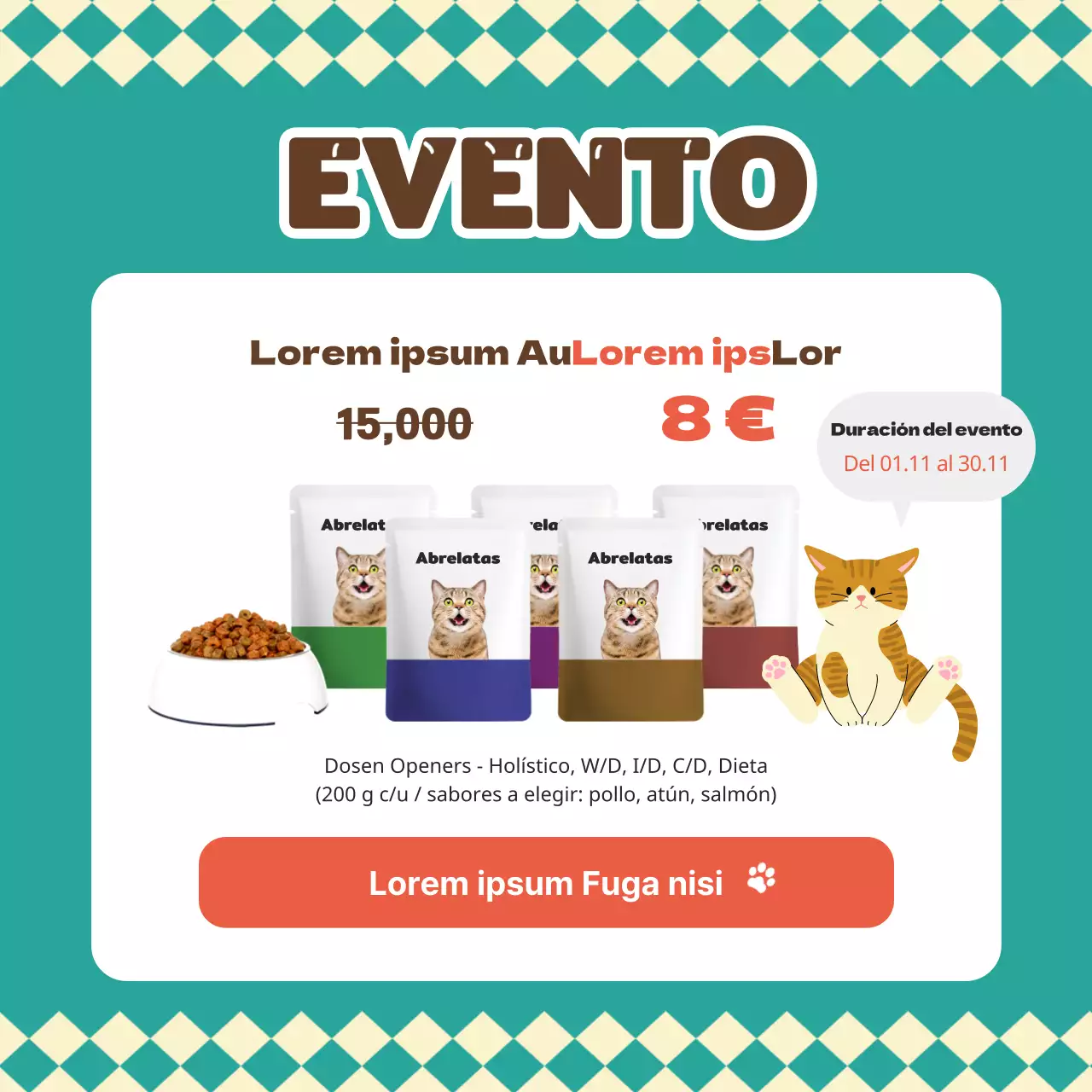 Acerca de esta cálida y adorable comida para perros y gatos de color turquesa y marrón