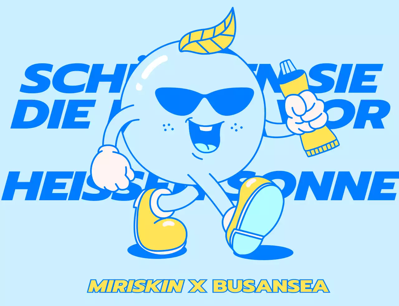 Design für das Personal eines Pop-up-Stores einer Kosmetikfirma mit blauen und gelben Lauffiguren