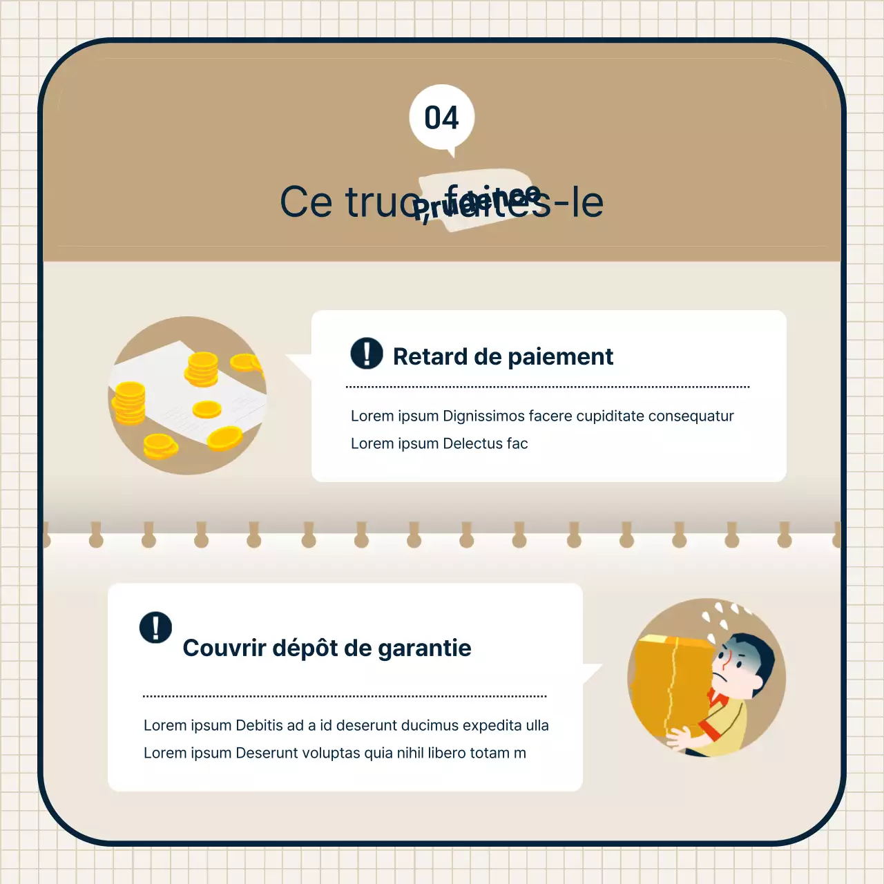 Thème de la vente aux enchères de biens immobiliers avec des illustrations et des combinaisons de cadres propres et de couleur beige