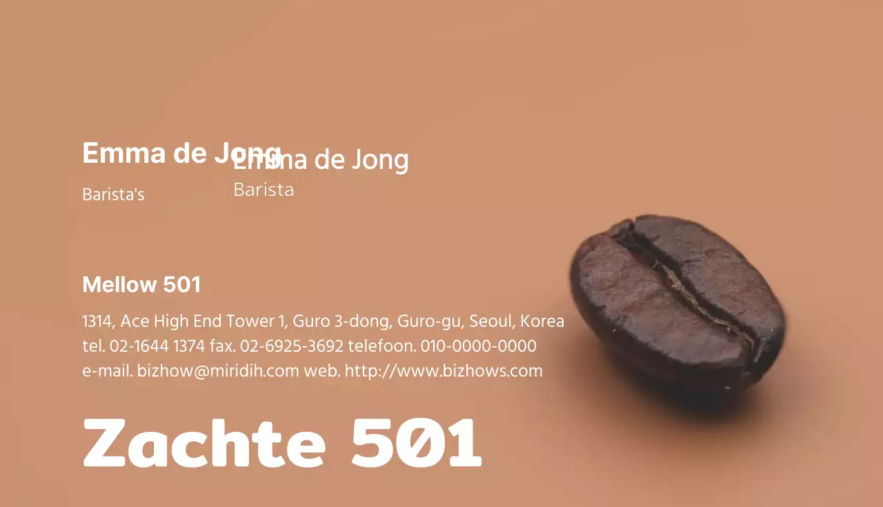 Koffiebarista visitekaartje met een beige foto van bonen