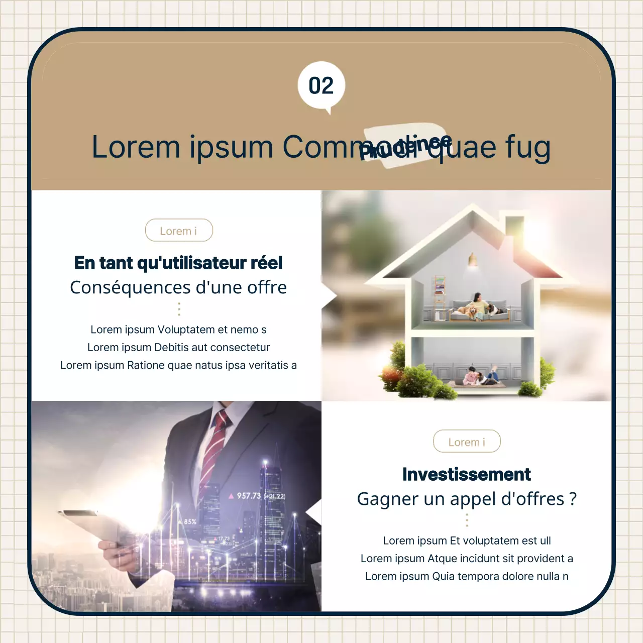 Thème de la vente aux enchères de biens immobiliers avec des illustrations et des combinaisons de cadres propres et de couleur beige