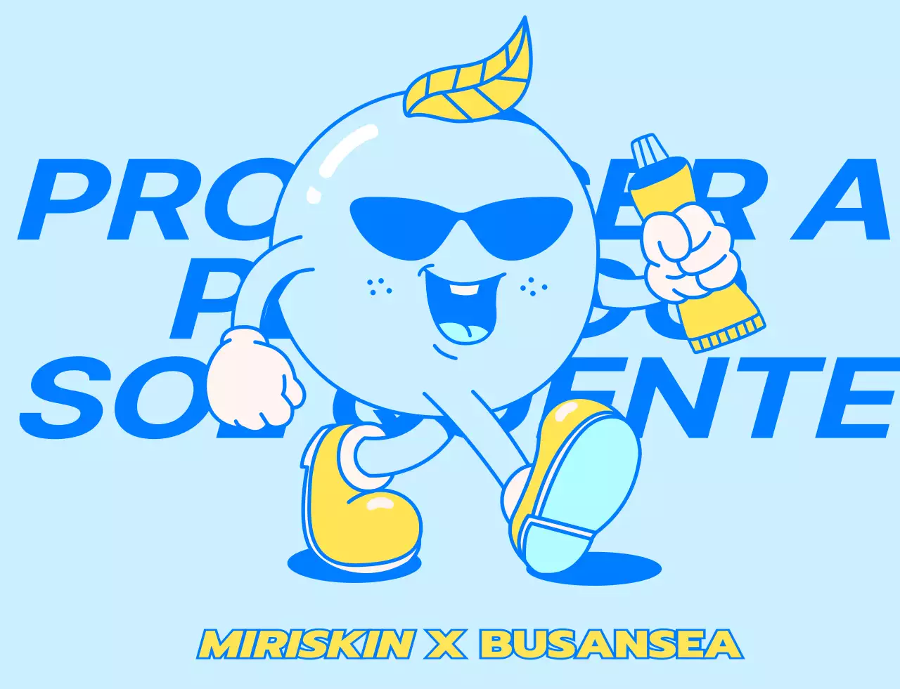Design para o pessoal de uma loja pop-up de uma empresa de cosméticos com personagens ambulantes azuis e amarelas
