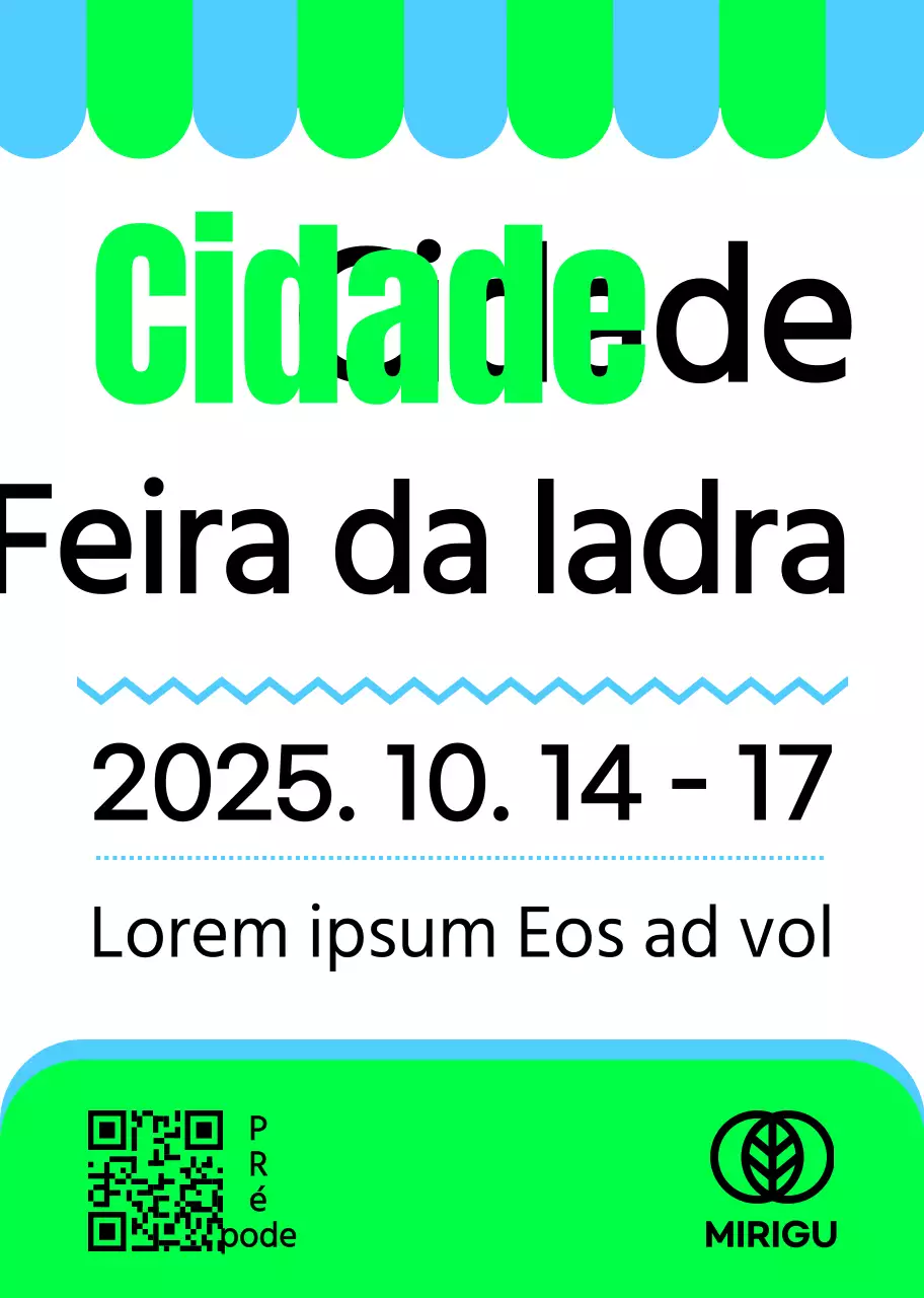 Um cartaz promocional com um anúncio de feira da ladra em verde-celeste-preto e várias ilustrações de formas.