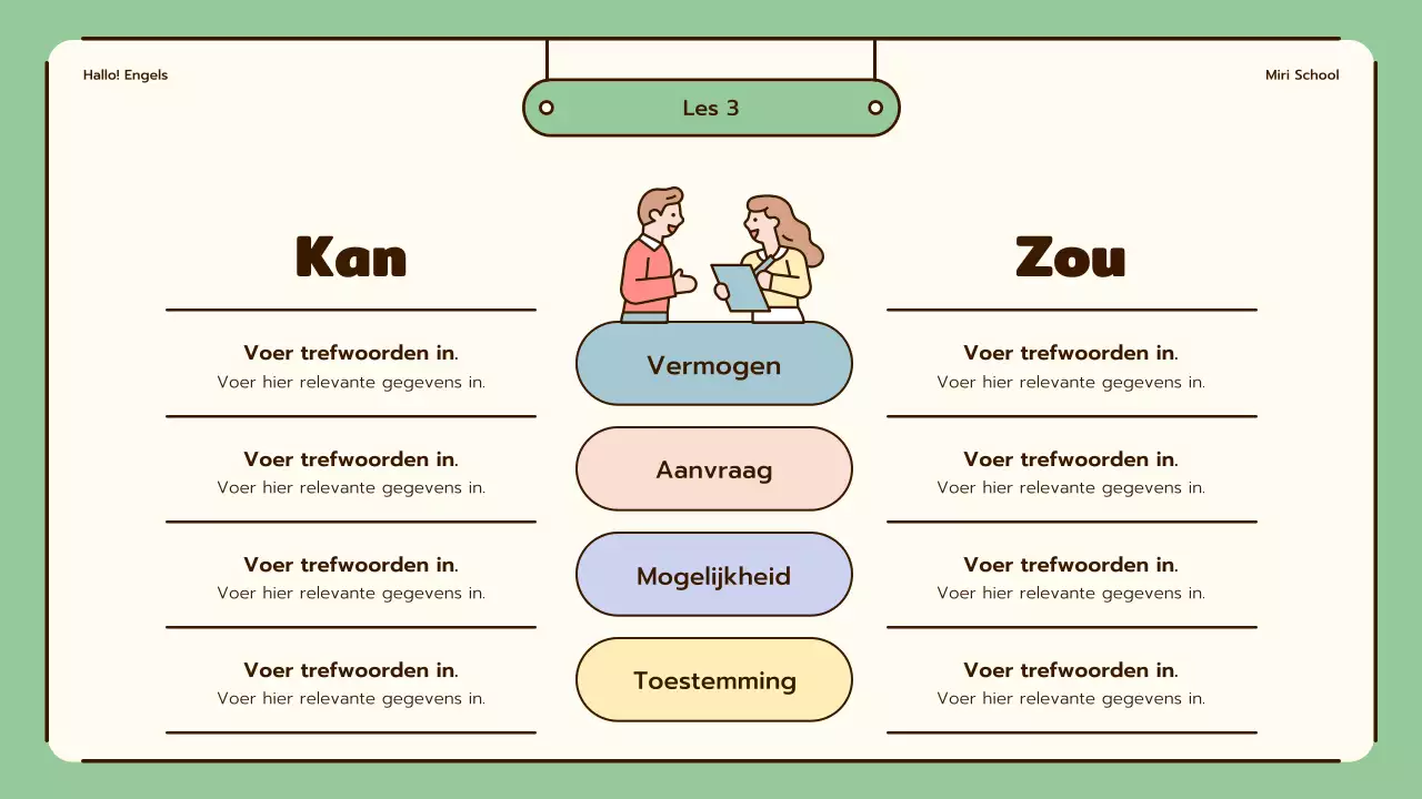 Engelse lessen met leuke illustraties in beige en groen