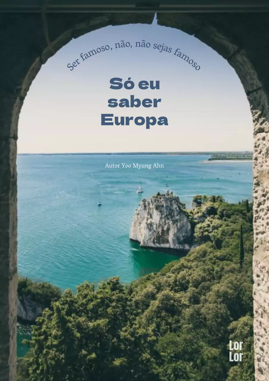 Guia de viagem europeu com fundo fotográfico azul de paisagem marítima