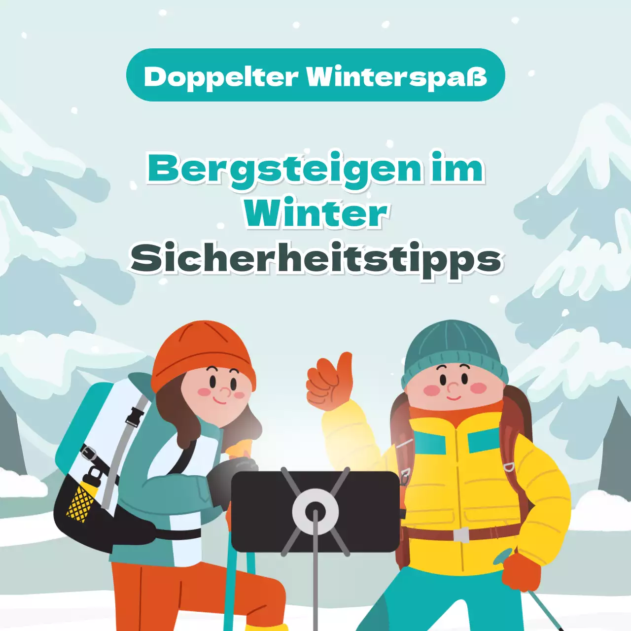 Niedliche Illustrationen in Hellblau und Grün Sicherheitstipps für den Winter in den Bergen