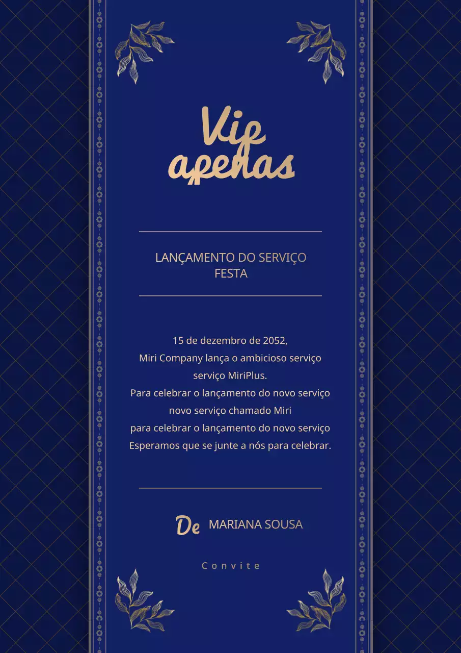 Convite para evento de lançamento VIP em azul-marinho e dourado