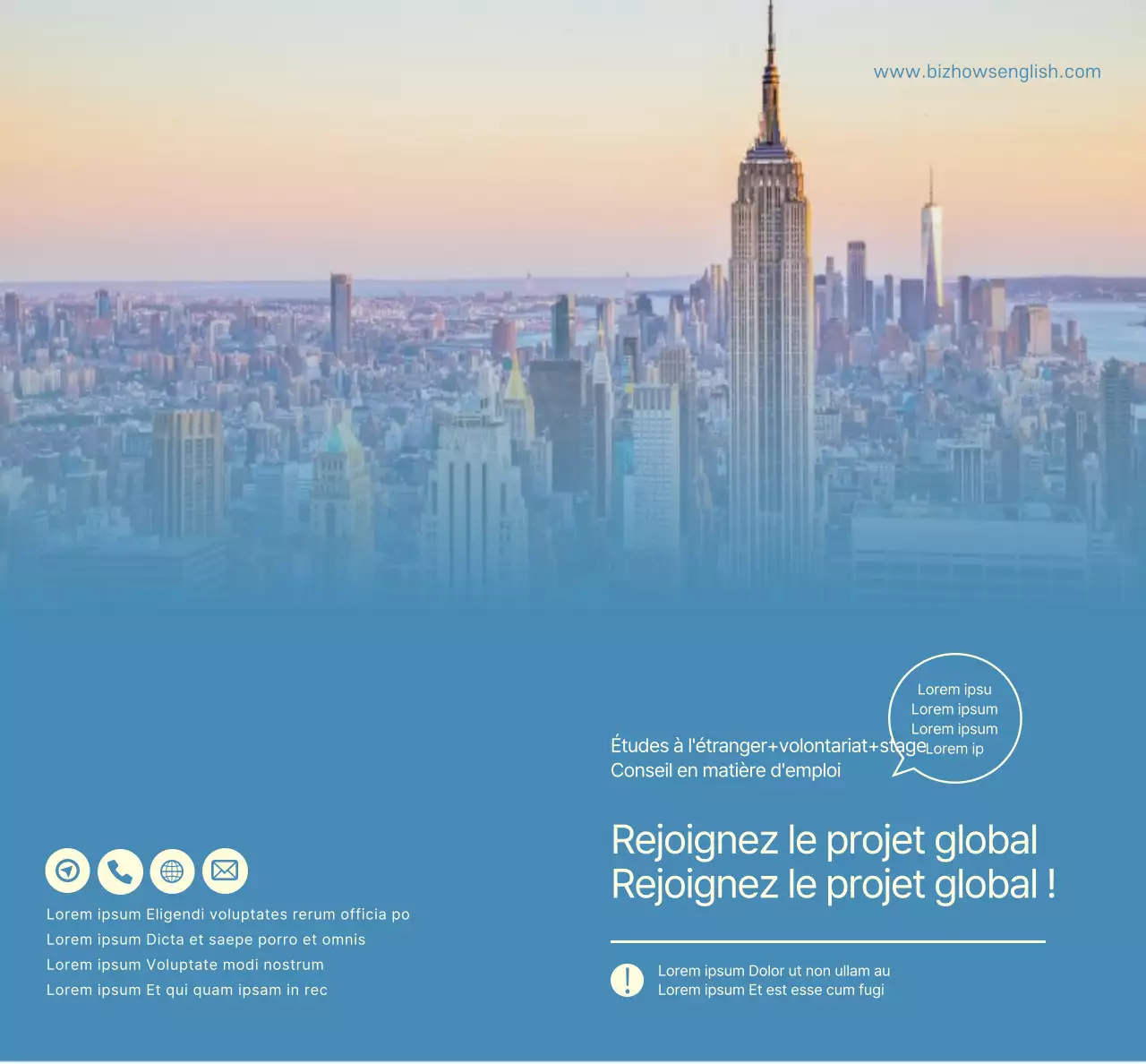 Pour la promotion d'une école de langues avec des photos bleues et jaunes de paysages étrangers