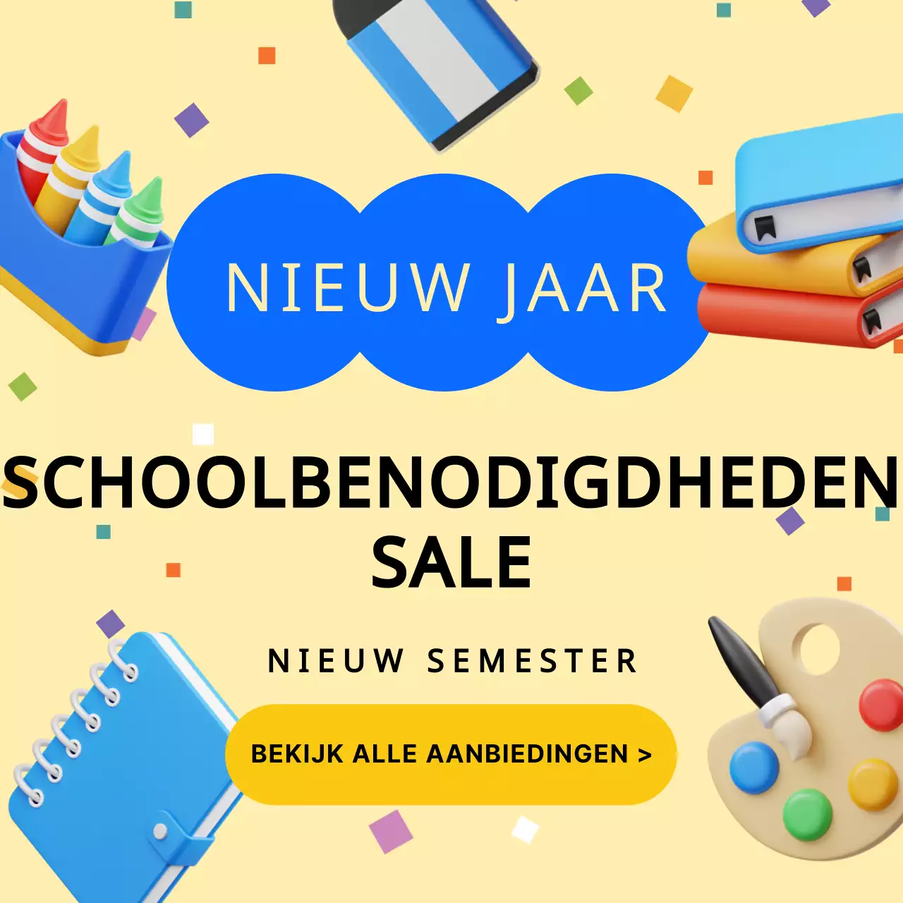 Gele en blauwe 3D driedimensionale nieuwe schoolspullen tentoonstelling