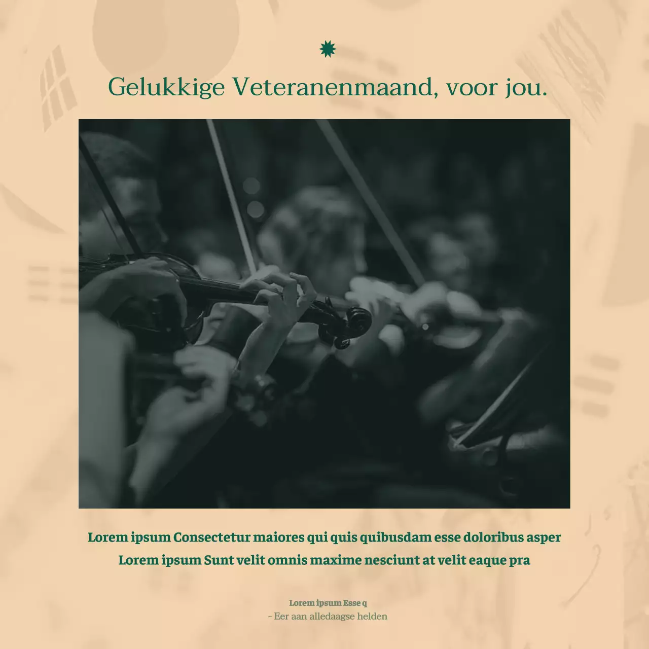 Een strakke aankondiging van een orkestconcert in een schreeflettertype met luxueuze beige en donkergroene tinten