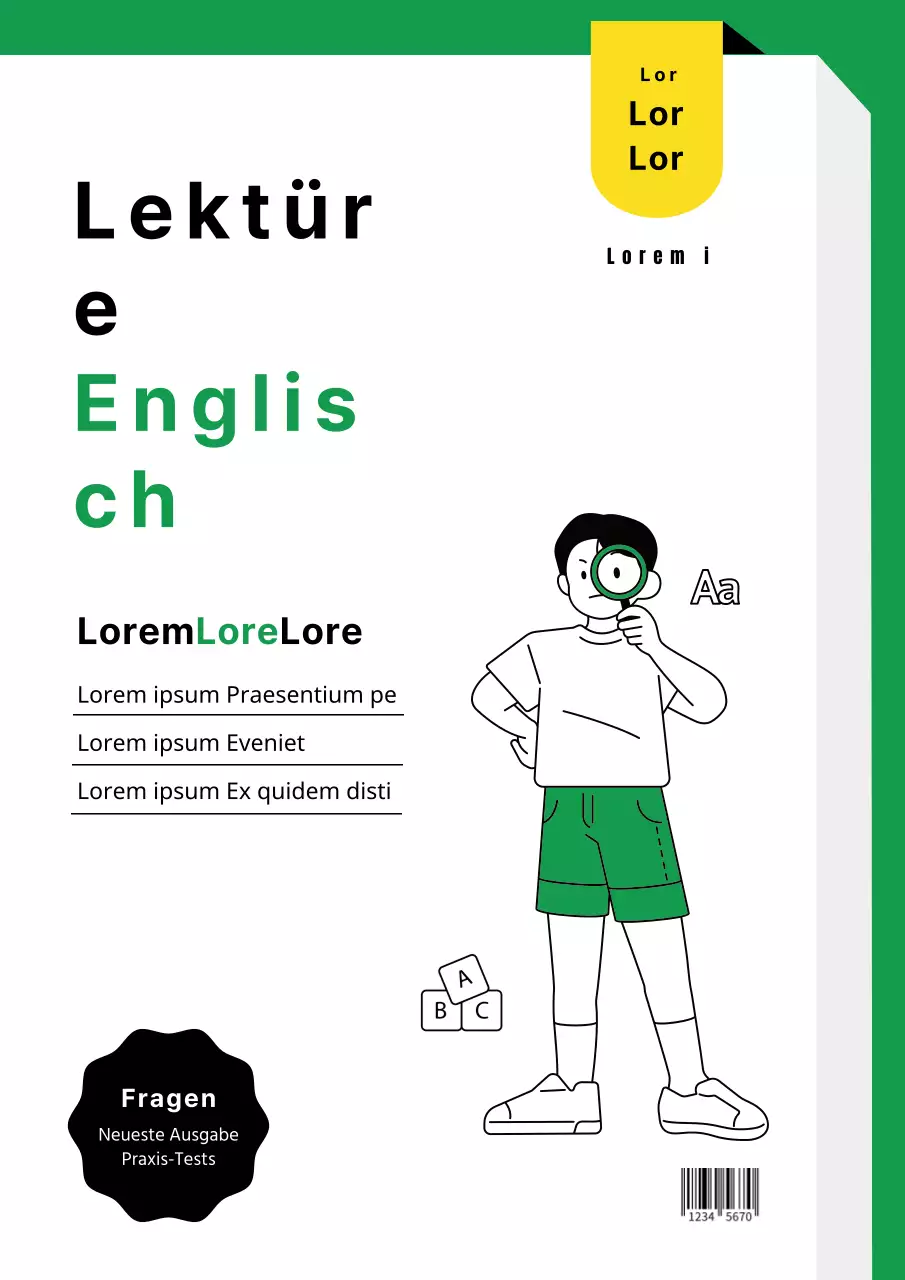 Grüner und gelber buchähnlicher Einband mit einer sauberen, niedlichen Illustration einer K-12 Englisch-Prüfungsarbeit