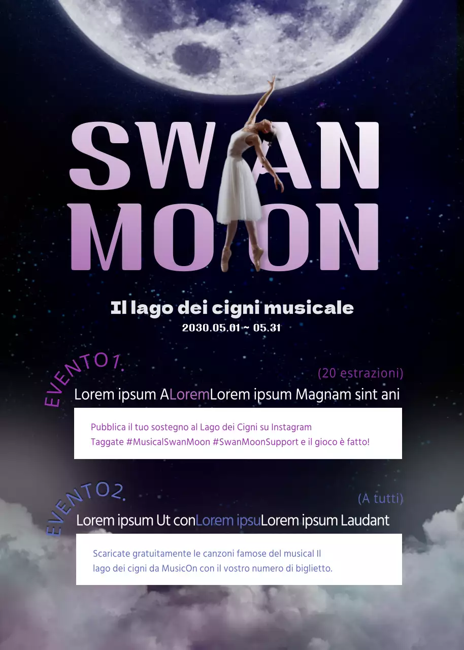 Un'offerta di biglietti musicali con un tocco di blu e viola