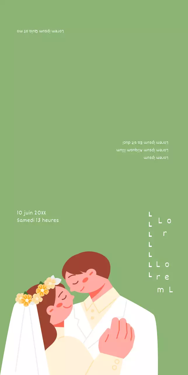 Invitation de mariage simple et élégante avec une illustration de mariés mignons sur fond vert