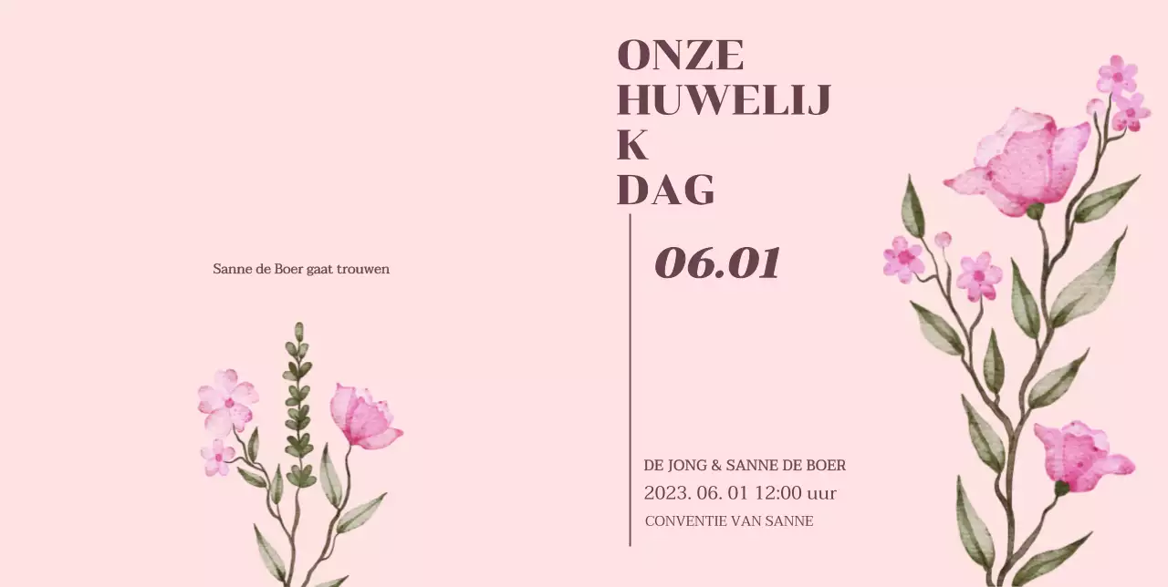 Uitnodiging voor trouwdag met roze bloemenaccenten