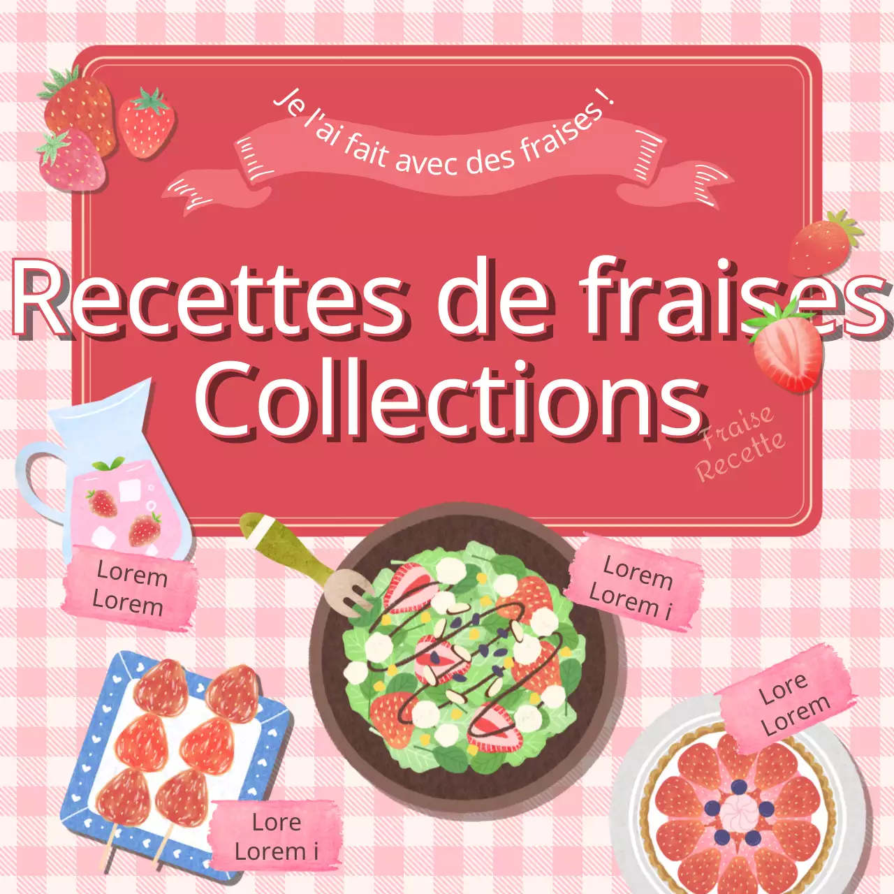 Une collection de recettes à base de fraises sur le thème de l'illustration rose