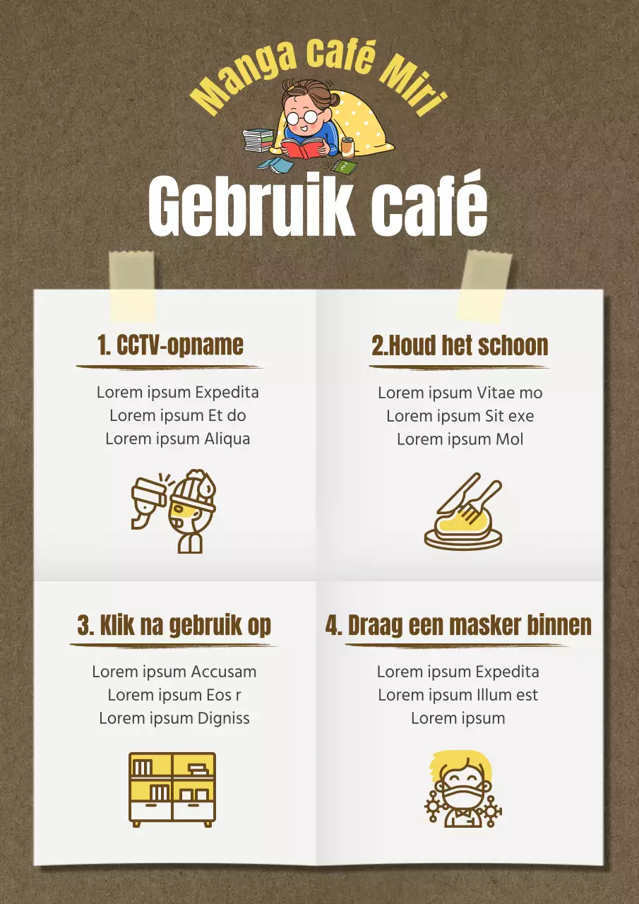 Hoe gebruik je dit schattige bruin en geel geïllustreerde manga café